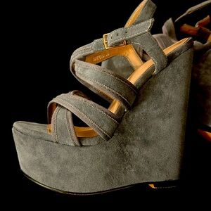 Blue velvet platform heels